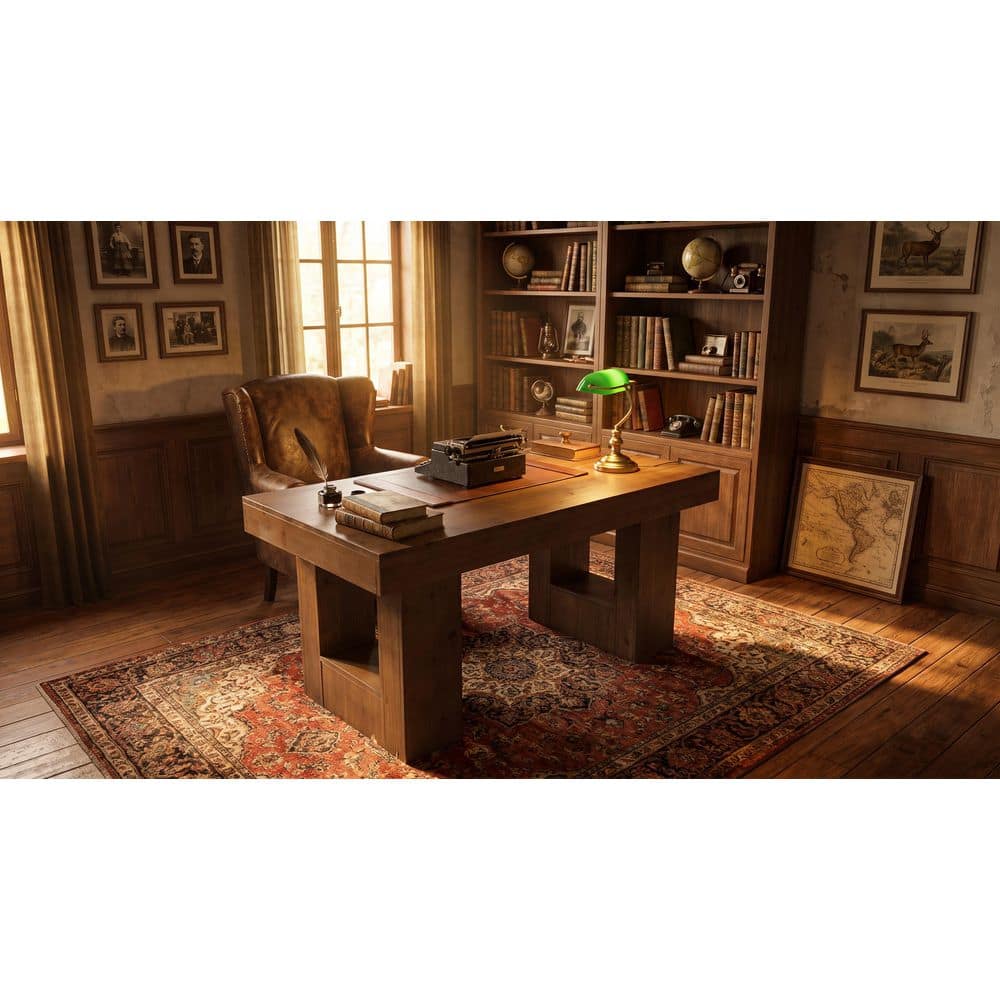 Capen 63" Brown Solid Wood Home Office Computer Desk Study Writing Executive Table Workstation Sturdy Pedestal Base