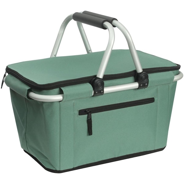 27L Collapsible Picnic Basket with Lid, Insulated Folding Grocery Basket with Handles, Reusable Market Cooler Bag, Green