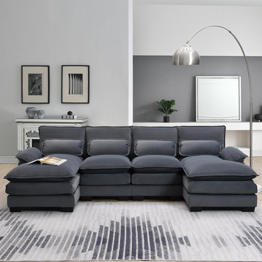 109.8 in. Modern 6-Seat Velvet U-Shaped Sectional Sofa in Gray with Waist Pillows -  Clihome, CL-GT8004E