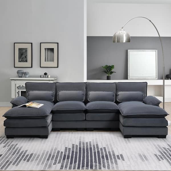 109.8 in. Modern 6-Seat Velvet U-Shaped Sectional Sofa in Gray with Waist Pillows