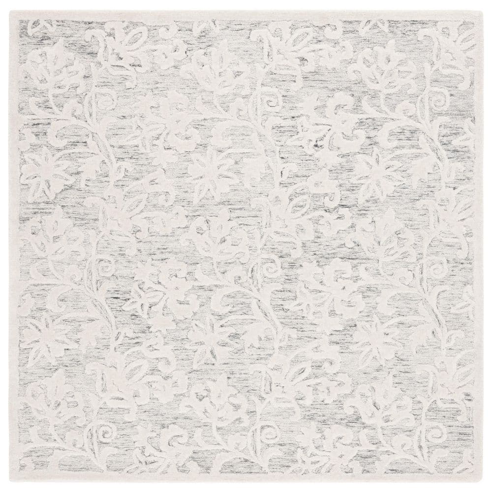 Handmade Gray Floral Tufted Wool Square Rug 6' x 6'