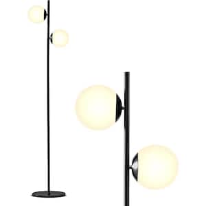 Sphere 65 in. Classic Black Modern 2-Light LED Energy Efficient Floor Lamp with 2 Frosted White Glass Globe Shades