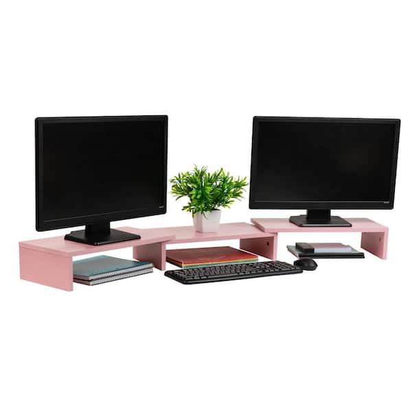 51.25 in. x 9.25 in. Wide Dual Monitor Stand, Desktop Organizer, Laptop Riser, MDF, Pink