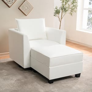 56.1 in. Modern Faux Leather Straight Arm Accent Chair with Ottoman for Sectional Sofa in. Bright White