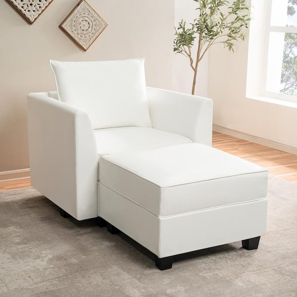 HOMESTOCK 56.1 in. Modern Faux Leather Straight Arm Accent Chair with Ottoman for Sectional Sofa in. Bright White