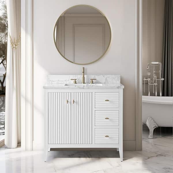 Vanity Art 36 in. W x 22 in D x 38 in. H Single Sink Bathroom Vanity Cabinet in Linear White with Engineered Marble Top