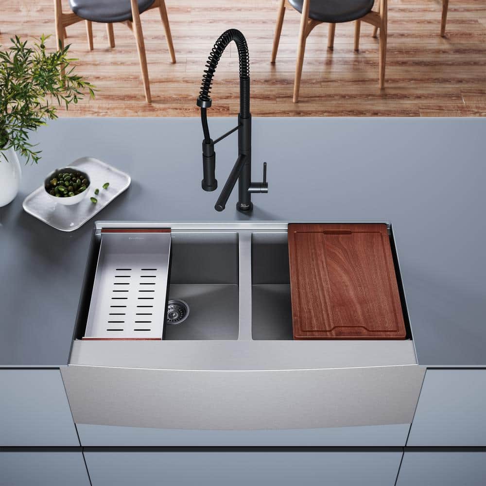 Swiss Madison Rivage Stainless Steel 36 in. Double Bowl Farmhouse Apron Workstation Kitchen Sink with Accessories