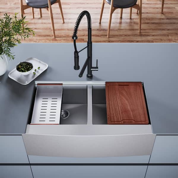 Rivage Stainless Steel 36 in. Double Bowl Farmhouse Apron Workstation Kitchen Sink with Accessories