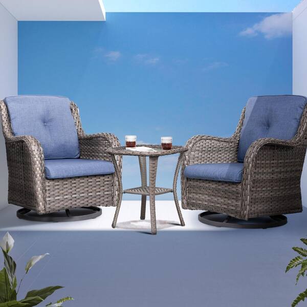 Blue Oakmont Patio Furniture Set 3 Piece Outdoor Wicker Bistro Set Rattan Chair Conversation Sets with Coffee Table 