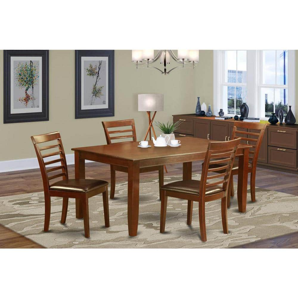 Elegant Mahogany 5-Piece Dining Set with Light Tan Linen Chairs