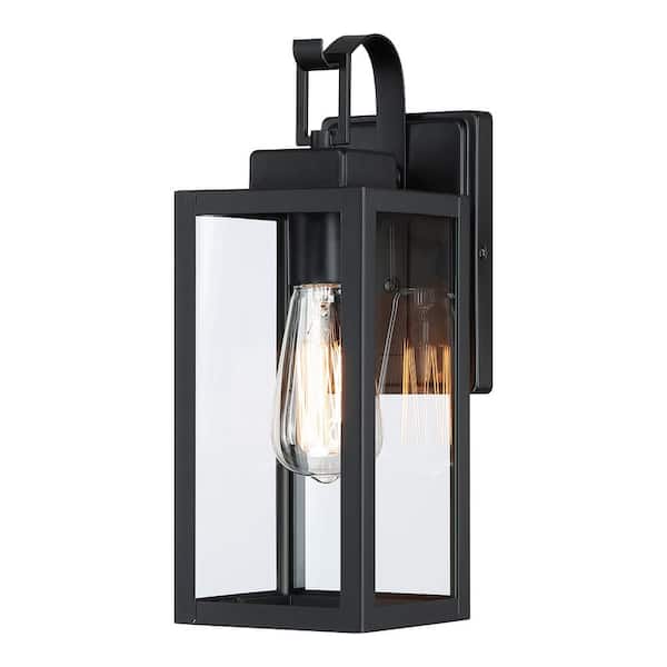 Hukoro Foothill 13.78 in.1-Light Matte Black Outdoor Wall Lantern Sconce with Clear Glass
