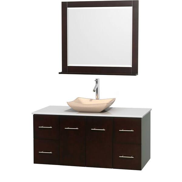 Wyndham Collection Centra 48 in. Vanity in Espresso with Solid-Surface Vanity Top in White, Ivory Marble Sink and 36 in. Mirror