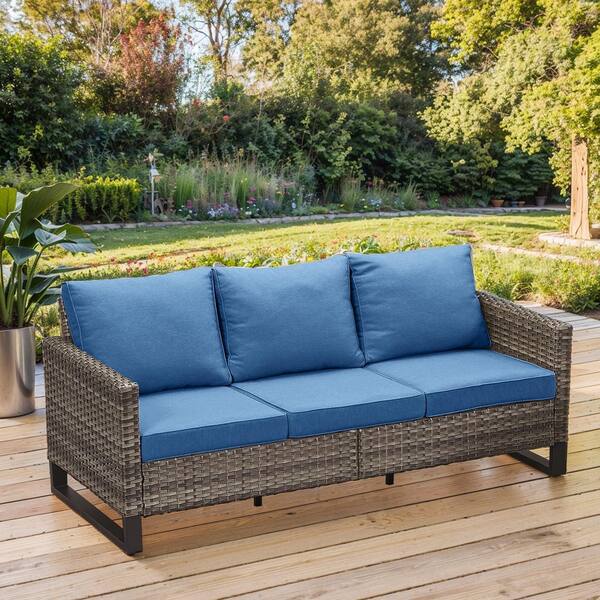 moosprr U-Shaped Foot 3-Seat Gray Wicker Outdoor Patio Couch with Blue Cushions