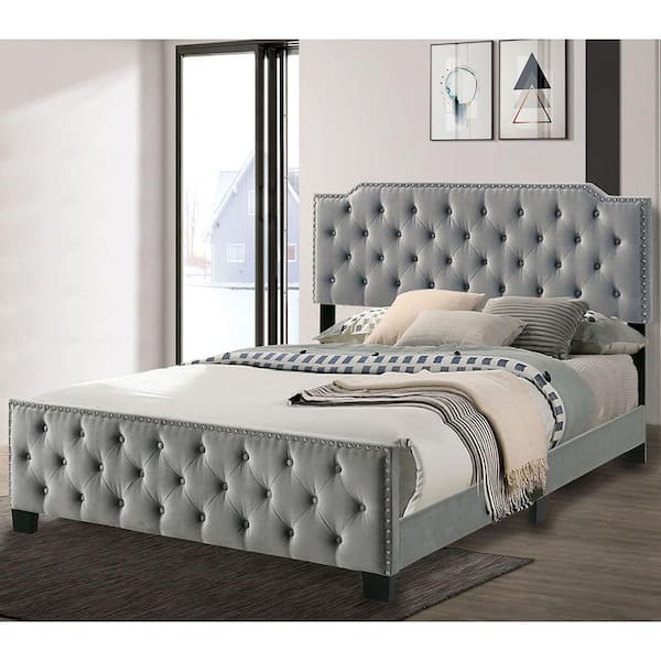 Larchemont Gray King Panel Bed with Tufted Headboard and Care Kit