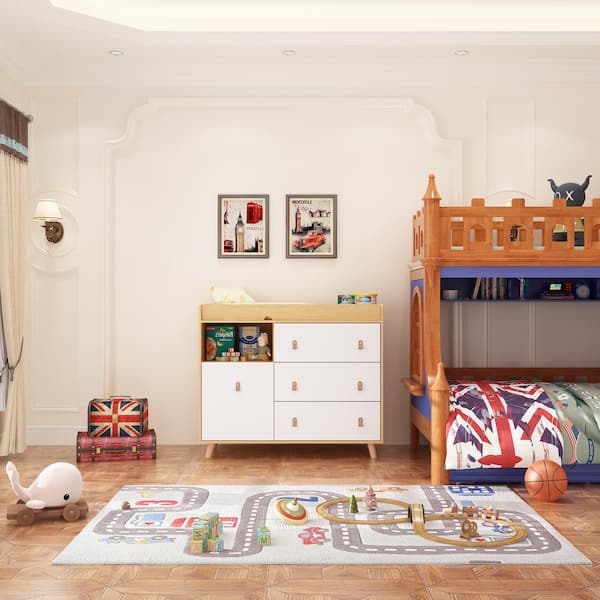 FUFU&GAGA 4-Drawer Brown Wood W Kids Low Dresser Storage