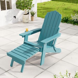 Outdoor Plastic Folding Adirondack Chair with Retractable Ottoman for Lawn, Lake Blue, (Set of 1)