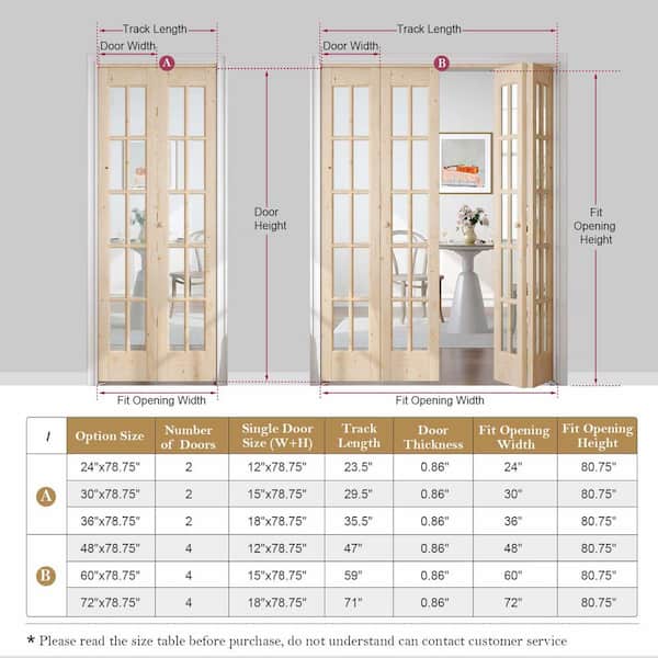 72 in. x 80 in. (Double 36 in. Bifold Door) Pre Assembled Clear Glass Spruce Solid Core Wood Bi-fold Door with Hardware