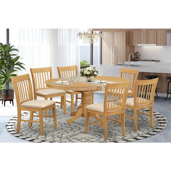 East West Furniture 7-Piece Oval Natural Oak Finish Solid Wood Top Dining Table with 6 Chairs with Lattice Back