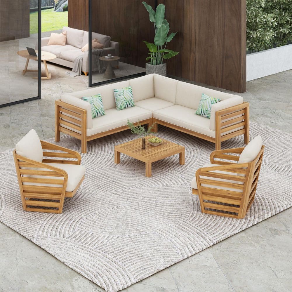 Venteb 6-Piece Teak Finish Solid Wood Patio Outdoor Conversation Set with Beige Cushions, Slat Back