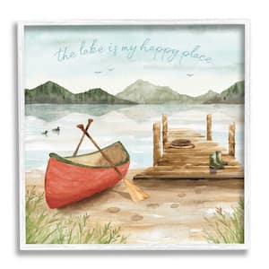 Lake's My Happy Place Phrase Boat Dock Landscape By Dina June Framed Print Nature Texturized Art 24 in. x 24 in.