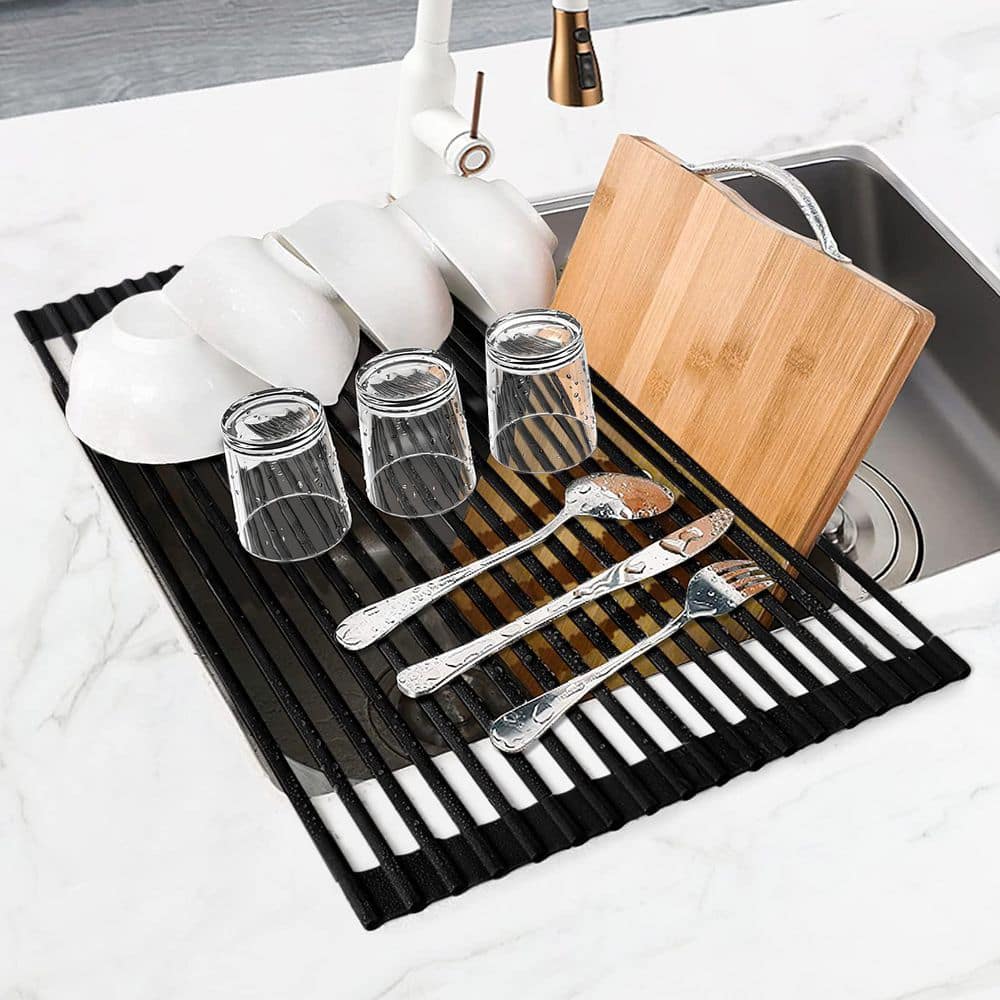 Black 17.5 in. x 13 in. Roll Up Dish Drying Rack, Silicone Anti-Slip and Anti-Rust Foldable Sink Drying Mat price history on PriceWatchPro