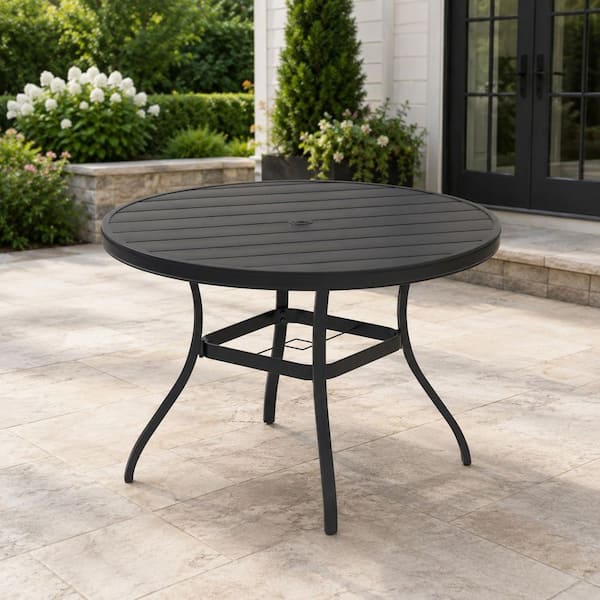 4 person patio table with umbrella hole IALTRUISTIC 40 in. Dia Metal Outdoor Dining Table for 4-Person Round Patio Table with Umbrella Hole in Black