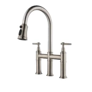 Double Handle Bridge Kitchen Faucet with Pull Out Spray Wand and Spot Resistant, High Arc, Solid Brass in Brushed Nickel