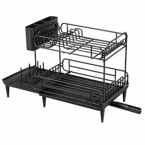 Black Dish Drying Rack for Kitchen Counter, Expandable 2-Tier Dish Rack, Large Capacity Dish Drainer with Drainboard