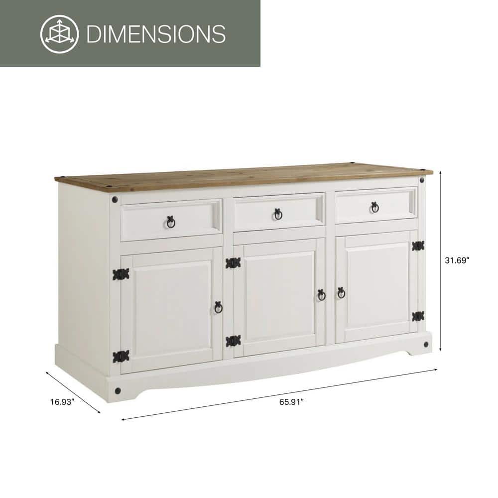 Cottage Series Distressed White Pine Wood Buffet Sideboard