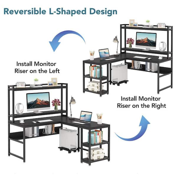 Tribesigns Reversible L Shaped Computer Desk with Storage Shelf and Monitor Stand, Black Faux Marble