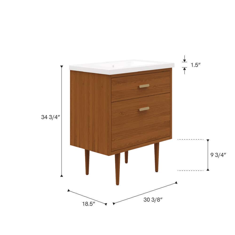 Honey Walnut 30" Freestanding Vanity with Integrated Ceramic Sink