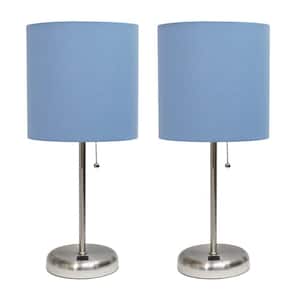 19.5 in. Blue Stick Lamp with USB charging port and Fabric Shade Set (2-Pack)