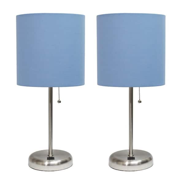Simple Designs 19.5 in. Blue Stick Lamp with USB charging port and Fabric Shade Set (2-Pack)