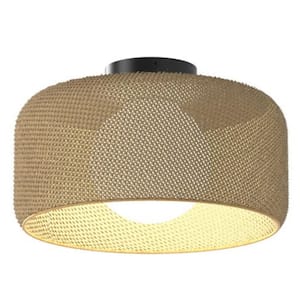 Emiko 15 in. 1-Light Black and Rattan 5CCT Integrated Selectable LED Flush Mount