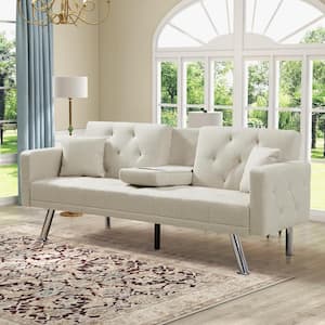 Beige 75.59 in. Linen Arm Chair Futon Sofa Bed Convertible Sleeper Reclining Couch with Cup Holder Metal Legs