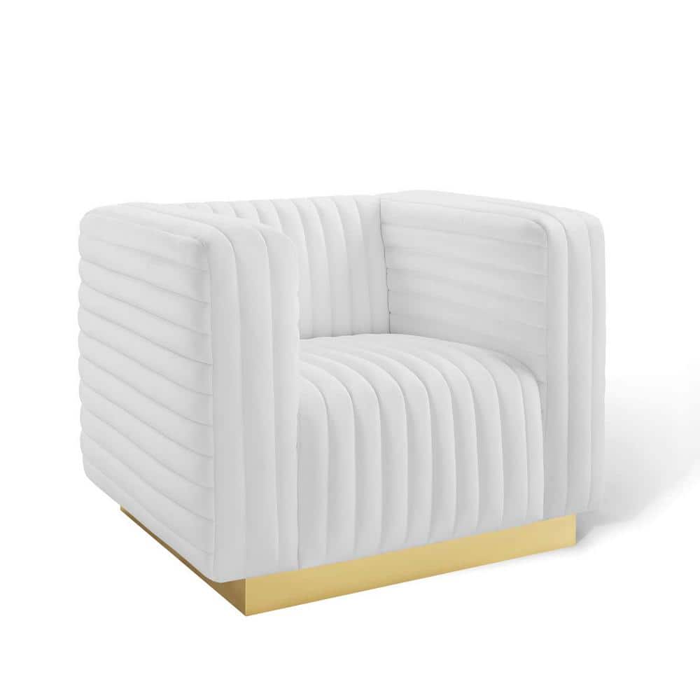 White Velvet Channel Tufted Accent Chair with Gold Base