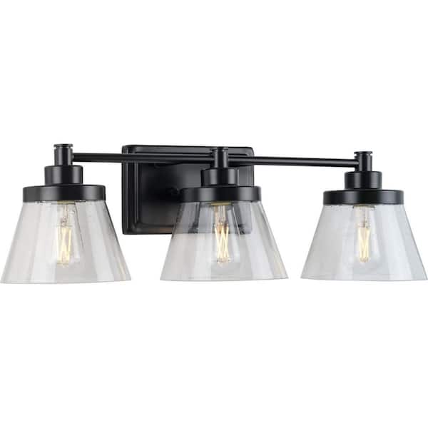 Progress Lighting Hinton 24.5 in. 3-Light Matte Black Clear Seeded Glass Farmhouse Bath Vanity Light