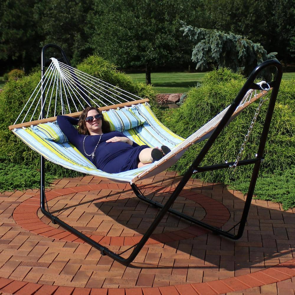 Blue and Green Quilted Fabric Double Hammock with Steel Stand