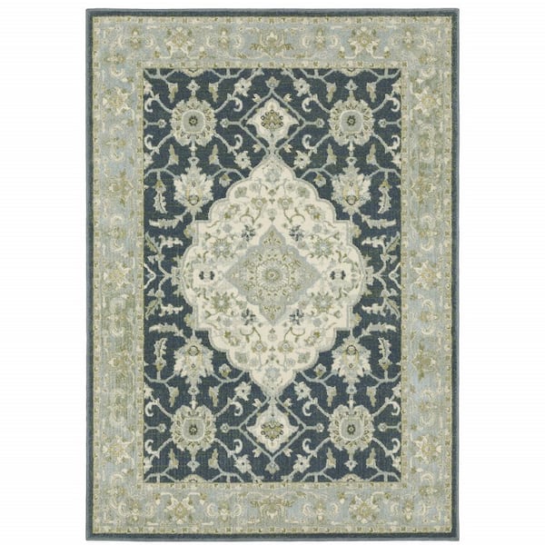 Teal Blue Ivory Green and Grey 3 ft. x 5 ft. Oriental Power Loom Stain Resistant Area Rug