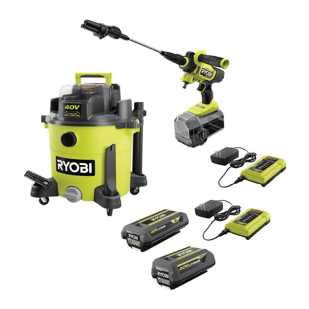 RYOBI 40V 10 Gal. Cordless Wet/Dry Vacuum with 40V HP Brushless EZClean 600 PSI Power Cleaner, (2) Batteries, and (2) Chargers, Greens