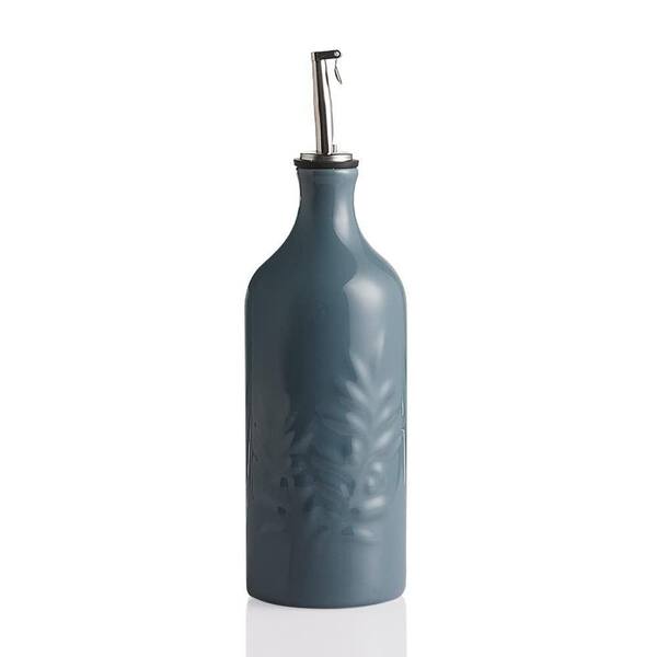 20 oz. Fog Blue Ceramic Olive Oil Dispenser Bottle with Relief Design and Drip-Free Spout