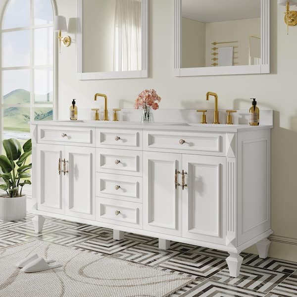 72 in. W x 22 in. D x 35 in. H Solid Wood Bath Vanity in White w/Stain-resistant Quartz Top and Certified Double Sink