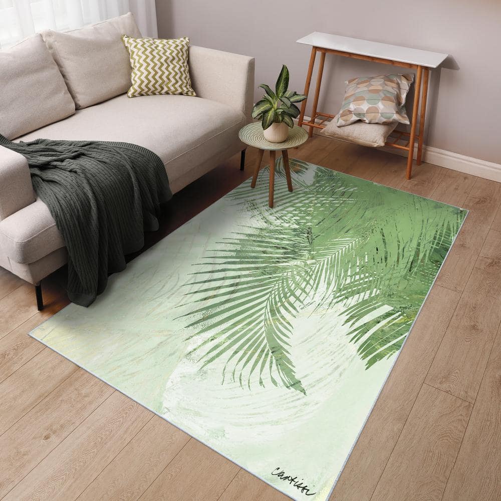 Green and Beige Synthetic Non-slip Washable 5' x 7' Area Rug