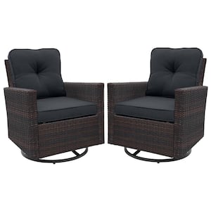 2-piece Brown Wicker 360° Swivel Outdoor Rocking Chair with Dark Gray Cushion