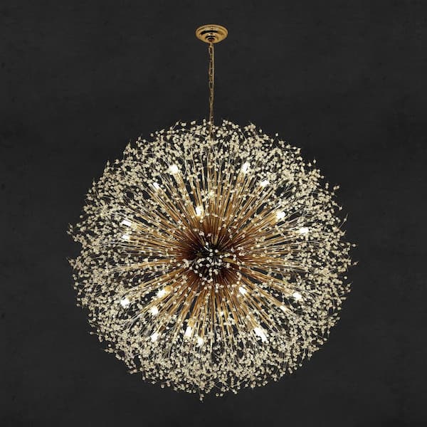 Calzada 47 in. 24-Light Brass Crystal Firework Chandelier with Included Bulbs, Modern Glam Dandelion Ceiling Fixture