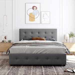 85 in. W Light Grey Queen Size Upholstered Platform Bed with 4 Drawers, Storage Platform Bed Frame with Tufted Headboard