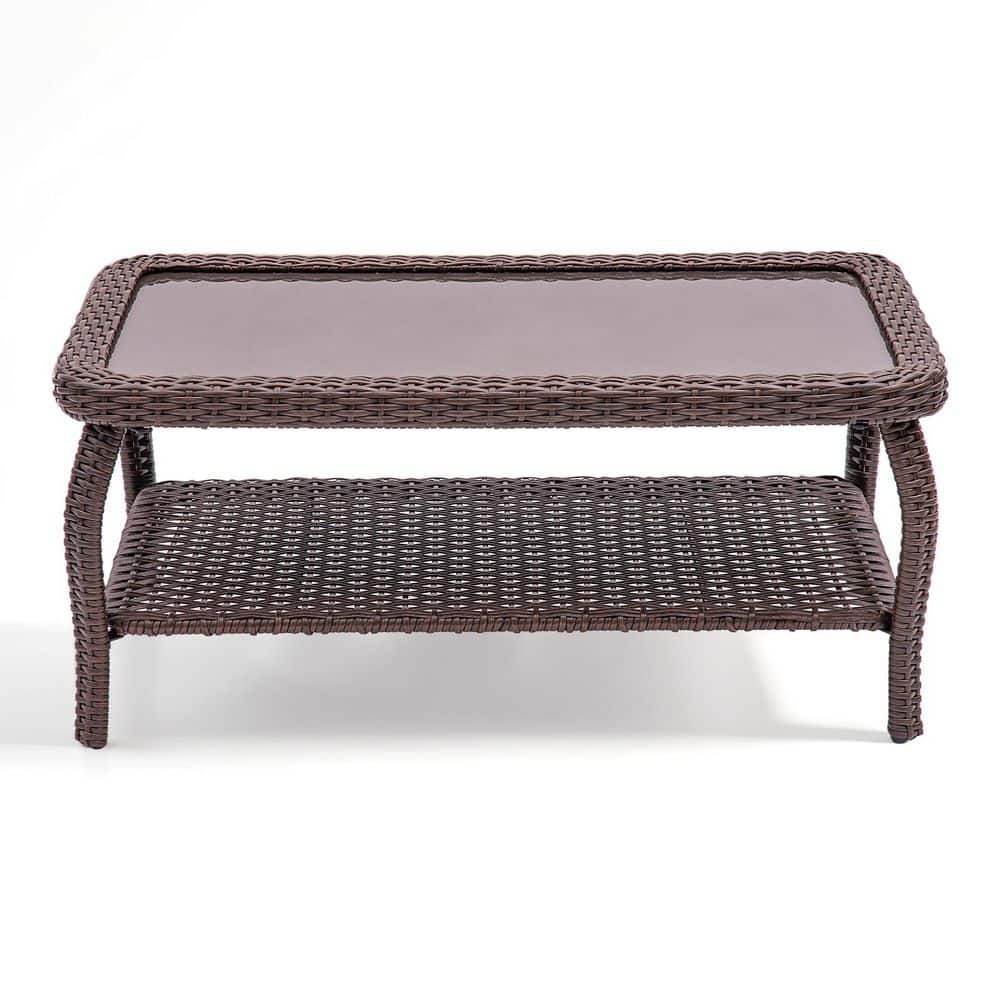 Janto Brown Rectangle Metal & Wicker 39 in. Outdoor Coffee Side Dining Table with Tempered Glass Top and Storage Space price history on PriceWatchPro