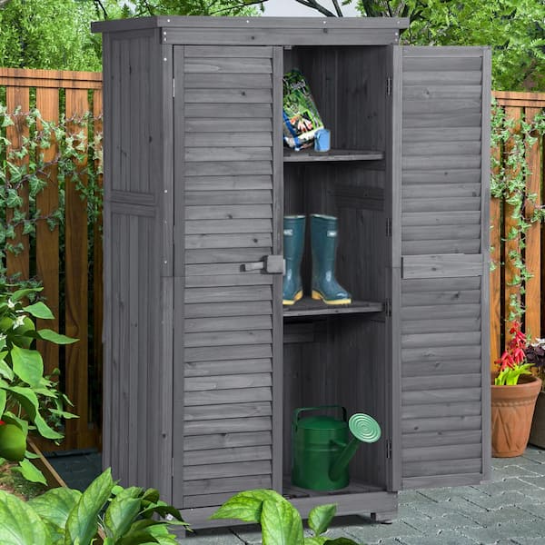 Unbranded 34.3 in. W x 18.3 in. D x 63 in. H Wood Outdoor Storage Cabinet Patio Shed Shelving with Waterproof Asphalt Roof Gray