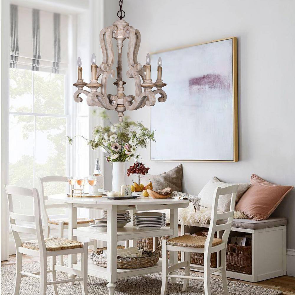 Distressed White 5-Light Wood Candle Chandelier