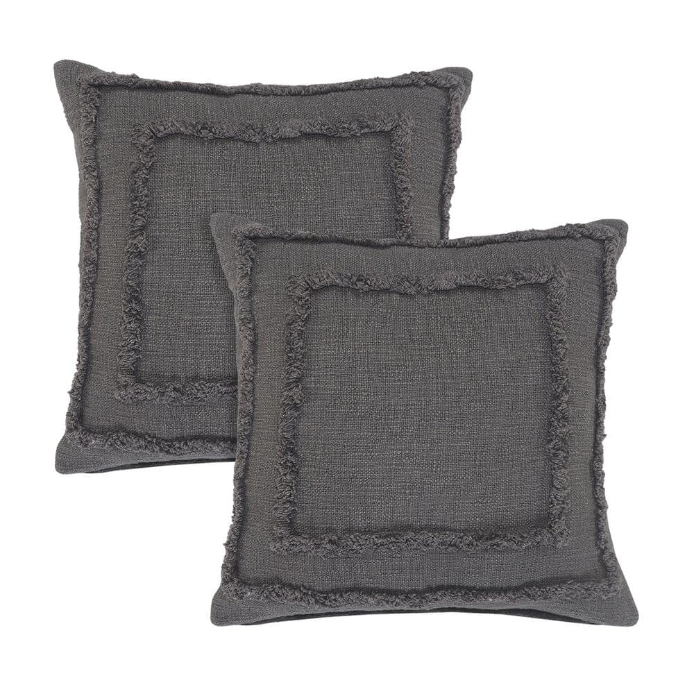 LR Home Rory Dark Gray Solid Color Bordered 20 in. x 20 in. Indoor Throw Pillow (Set of 2)